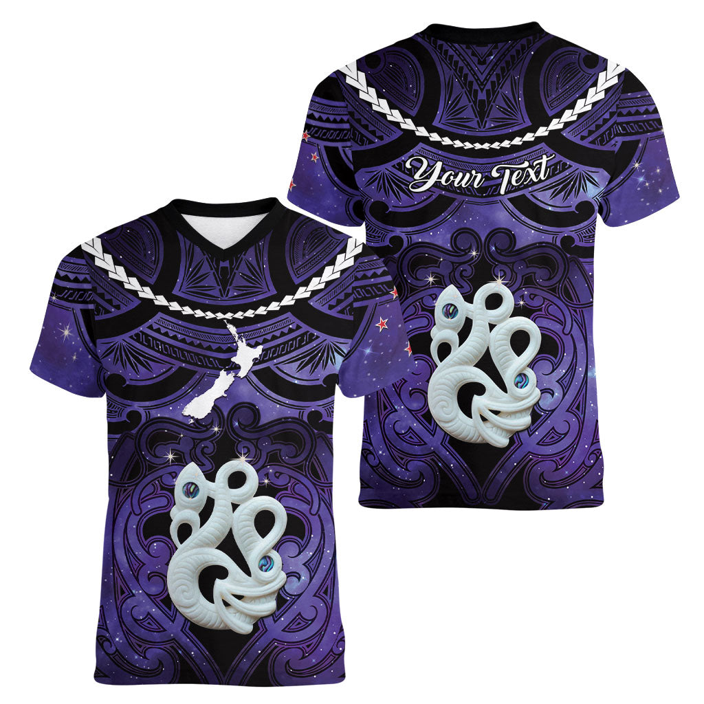 Personalised Maori Matariki Manaia Waiporoporo Women V-Neck T-Shirt Maori Kowhaiwhai Pattern Galaxy