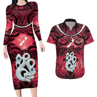 Personalised Maori Matariki Manaia Whero Couples Matching Long Sleeve Bodycon Dress and Hawaiian Shirt Maori Kowhaiwhai Pattern Galaxy LT01 Red - Polynesian Pride