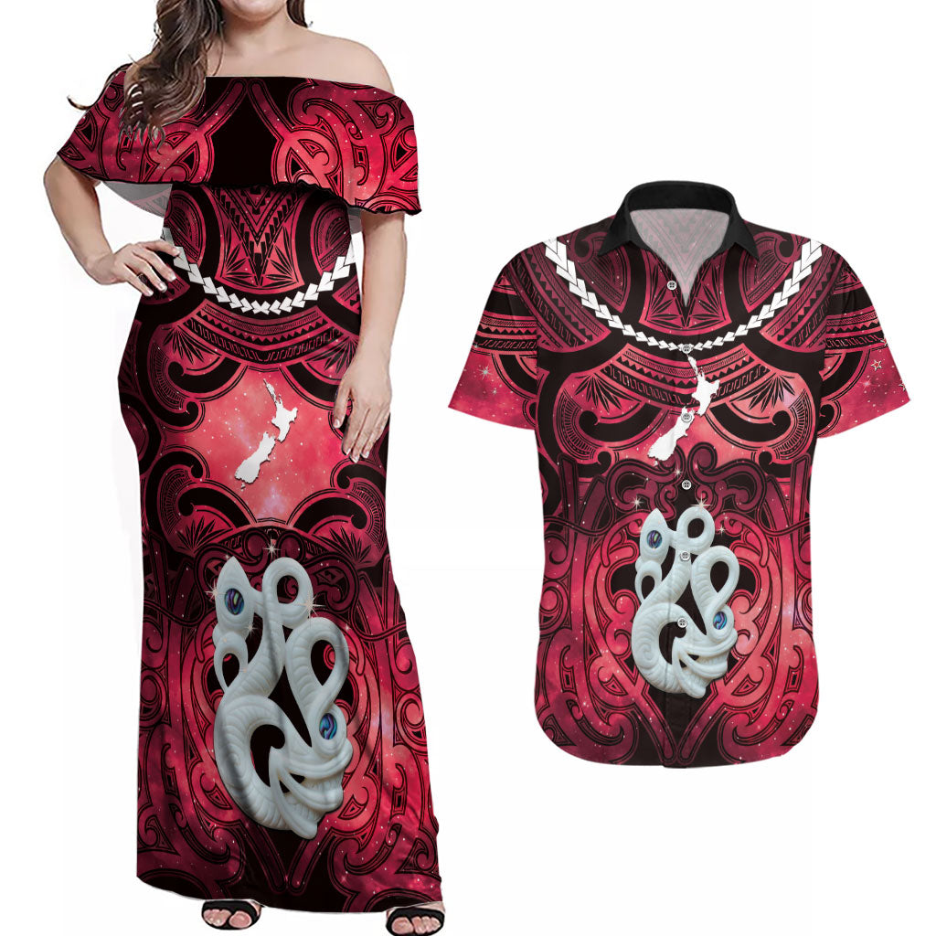 Personalised Maori Matariki Manaia Whero Couples Matching Off Shoulder Maxi Dress and Hawaiian Shirt Maori Kowhaiwhai Pattern Galaxy