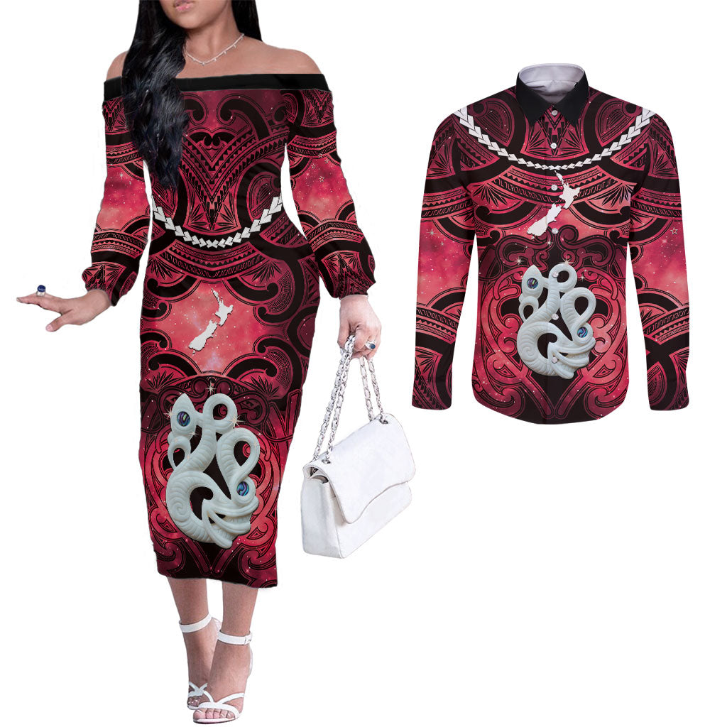 Personalised Maori Matariki Manaia Whero Couples Matching Off The Shoulder Long Sleeve Dress and Long Sleeve Button Shirt Maori Kowhaiwhai Pattern Galaxy