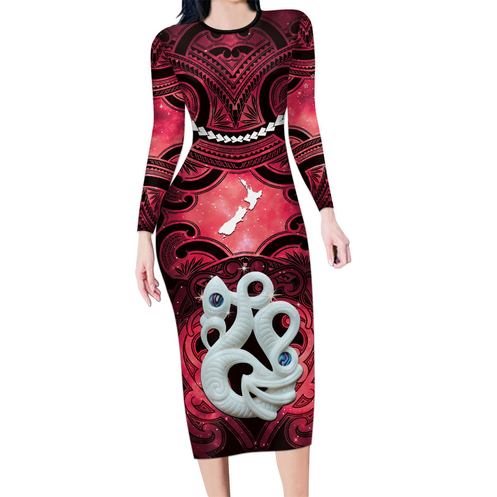Personalised Maori Matariki Manaia Whero Family Matching Long Sleeve Bodycon Dress and Hawaiian Shirt Maori Kowhaiwhai Pattern Galaxy LT01 Mom's Dress Red - Polynesian Pride