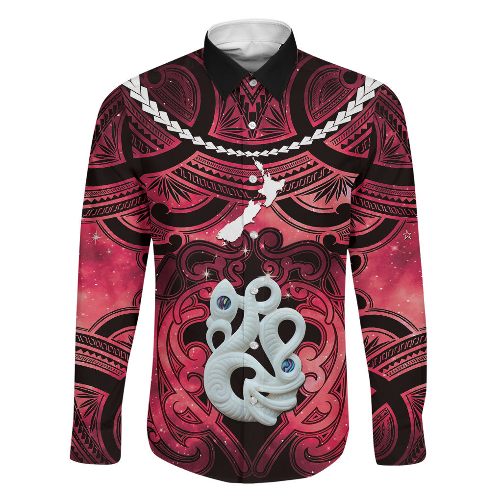 Personalised Maori Matariki Manaia Whero Family Matching Off The Shoulder Long Sleeve Dress and Hawaiian Shirt Maori Kowhaiwhai Pattern Galaxy LT01 Dad's Shirt - Long Sleeve Red - Polynesian Pride