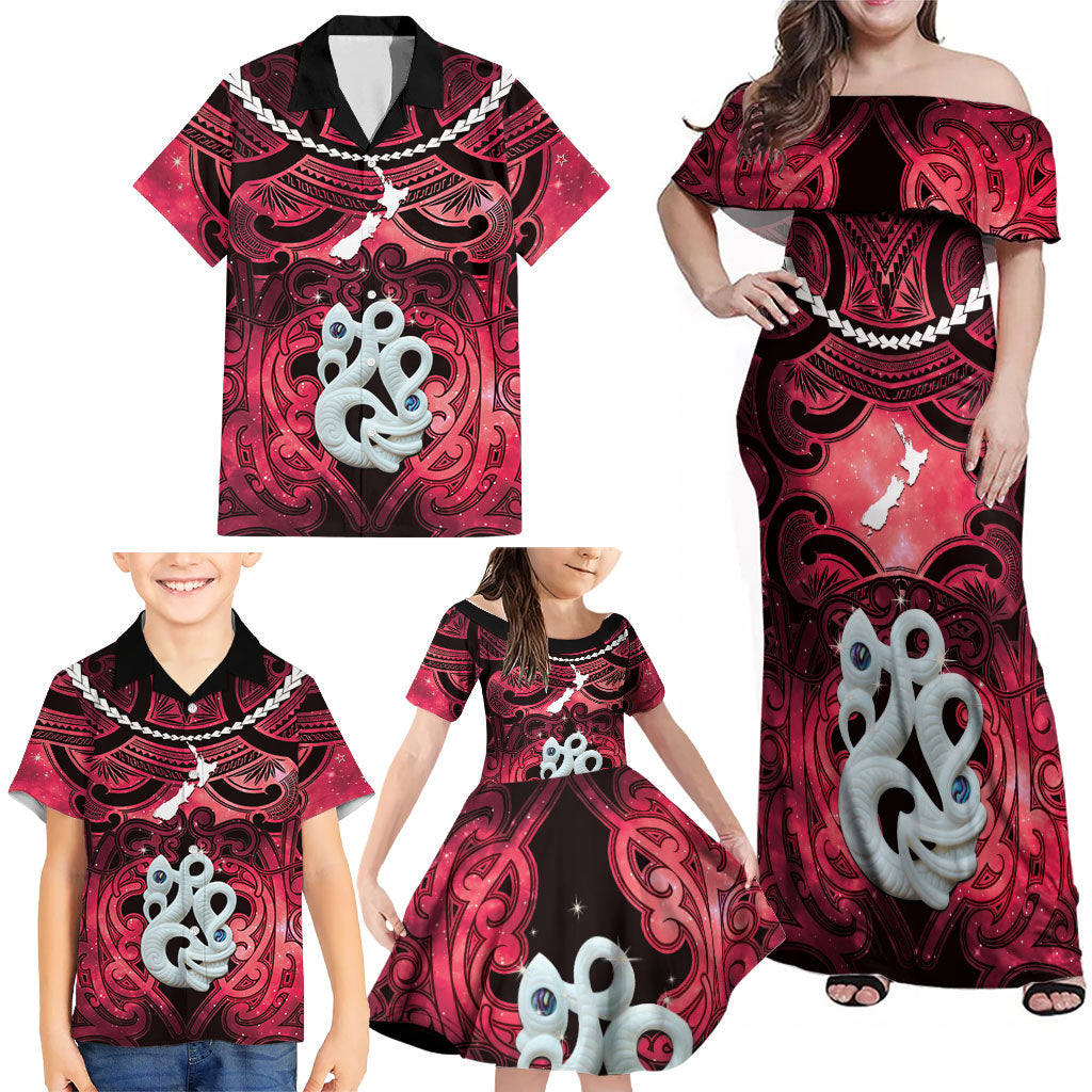 Personalised Maori Matariki Manaia Whero Family Matching Off Shoulder Maxi Dress and Hawaiian Shirt Maori Kowhaiwhai Pattern Galaxy LT01 - Polynesian Pride