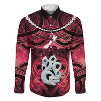 Personalised Maori Matariki Manaia Whero Family Matching Off Shoulder Short Dress and Hawaiian Shirt Maori Kowhaiwhai Pattern Galaxy LT01 Dad's Shirt - Long Sleeve Red - Polynesian Pride