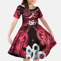 Personalised Maori Matariki Manaia Whero Family Matching Puletasi and Hawaiian Shirt Maori Kowhaiwhai Pattern Galaxy LT01 Daughter's Dress Red - Polynesian Pride