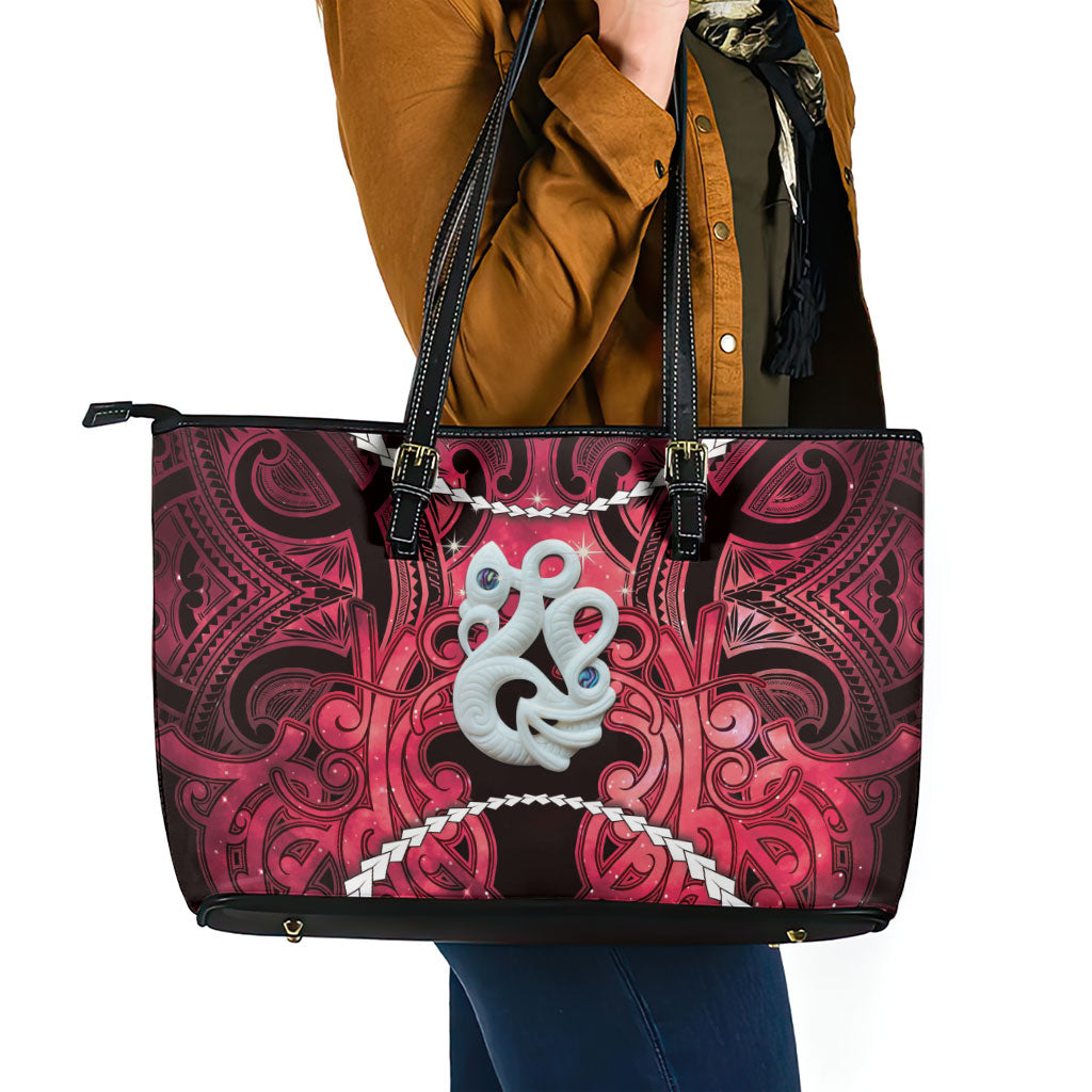 Maori Matariki Manaia Whero Leather Tote Bag Maori Kowhaiwhai Pattern Galaxy