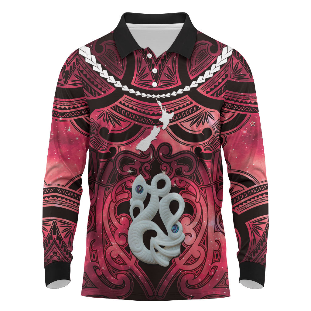 Personalised Maori Matariki Manaia Whero Long Sleeve Polo Shirt Maori Kowhaiwhai Pattern Galaxy
