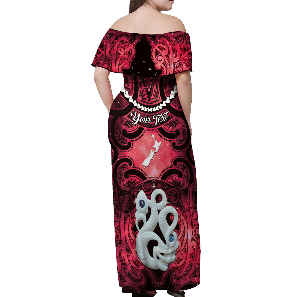 Personalised Maori Matariki Manaia Whero Off Shoulder Maxi Dress Maori Kowhaiwhai Pattern Galaxy
