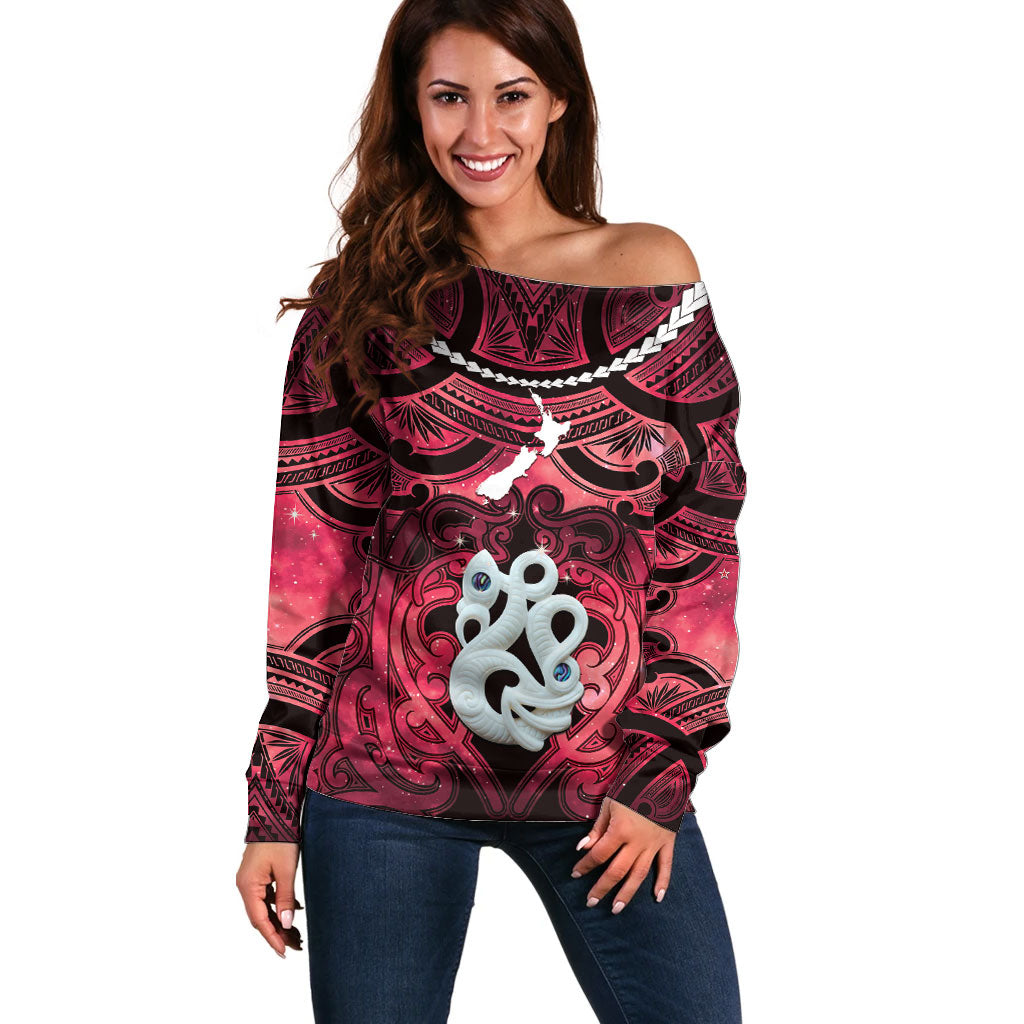 Personalised Maori Matariki Manaia Whero Off Shoulder Sweater Maori Kowhaiwhai Pattern Galaxy