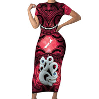 Personalised Maori Matariki Manaia Whero Short Sleeve Bodycon Dress Maori Kowhaiwhai Pattern Galaxy
