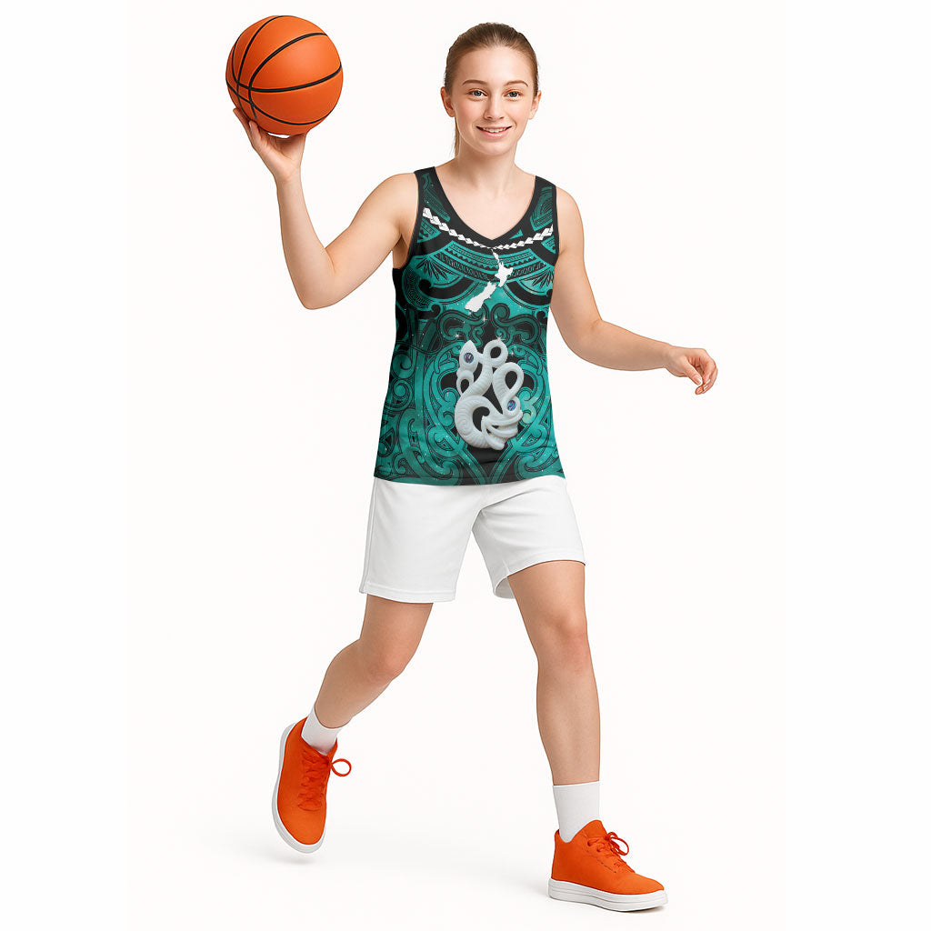 Personalised Maori Matariki Manaia Turquoise Basketball Jersey Maori Kowhaiwhai Pattern Galaxy