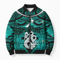 Personalised Maori Matariki Manaia Turquoise Bomber Puffer Jacket Maori Kowhaiwhai Pattern Galaxy