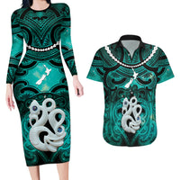 Personalised Maori Matariki Manaia Turquoise Couples Matching Long Sleeve Bodycon Dress and Hawaiian Shirt Maori Kowhaiwhai Pattern Galaxy LT01 Turquoise - Polynesian Pride