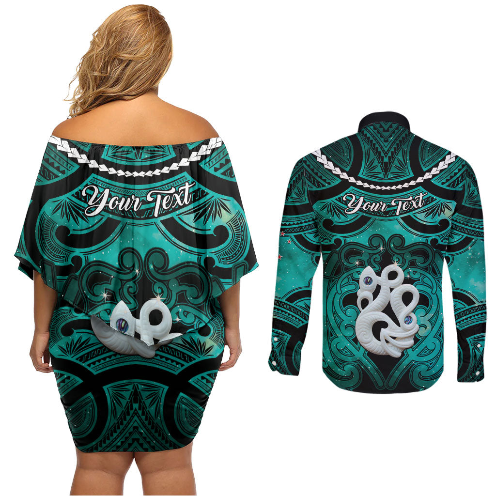Personalised Maori Matariki Manaia Turquoise Couples Matching Off Shoulder Short Dress and Long Sleeve Button Shirt Maori Kowhaiwhai Pattern Galaxy