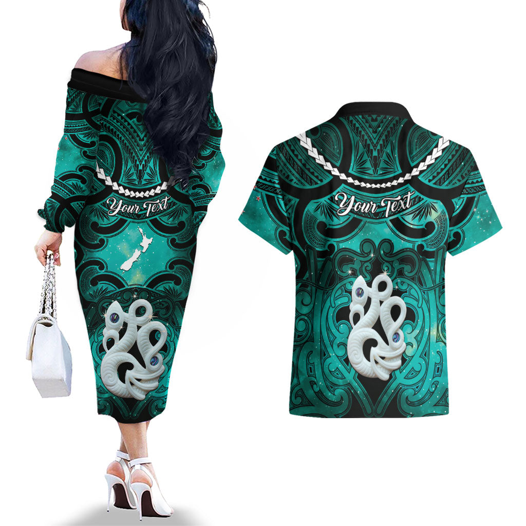 Personalised Maori Matariki Manaia Turquoise Couples Matching Off The Shoulder Long Sleeve Dress and Hawaiian Shirt Maori Kowhaiwhai Pattern Galaxy LT01 - Polynesian Pride