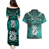 Personalised Maori Matariki Manaia Turquoise Couples Matching Puletasi and Hawaiian Shirt Maori Kowhaiwhai Pattern Galaxy