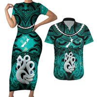 Personalised Maori Matariki Manaia Turquoise Couples Matching Short Sleeve Bodycon Dress and Hawaiian Shirt Maori Kowhaiwhai Pattern Galaxy LT01 Turquoise - Polynesian Pride
