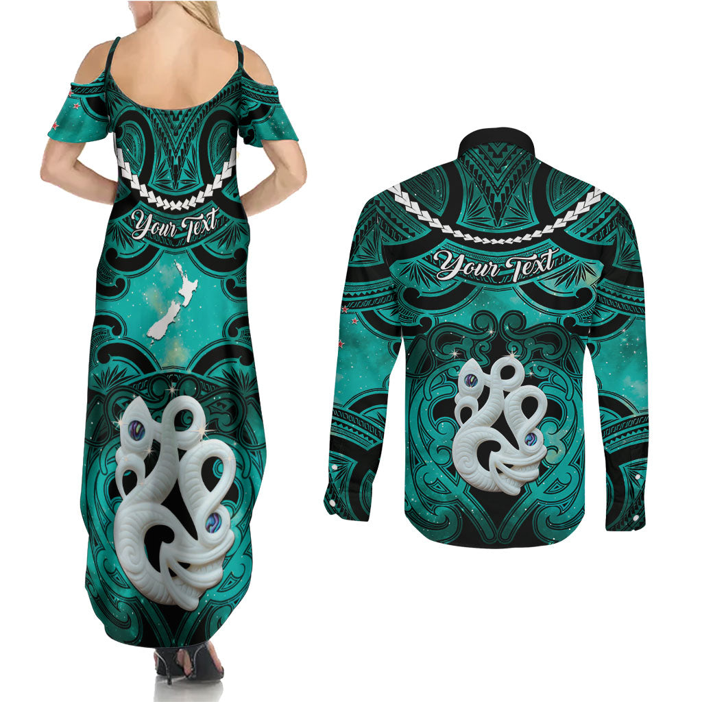 Personalised Maori Matariki Manaia Turquoise Couples Matching Summer Maxi Dress and Long Sleeve Button Shirt Maori Kowhaiwhai Pattern Galaxy