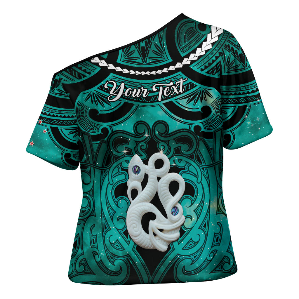 Personalised Maori Matariki Manaia Turquoise Cross Shoulder Shirt Maori Kowhaiwhai Pattern Galaxy