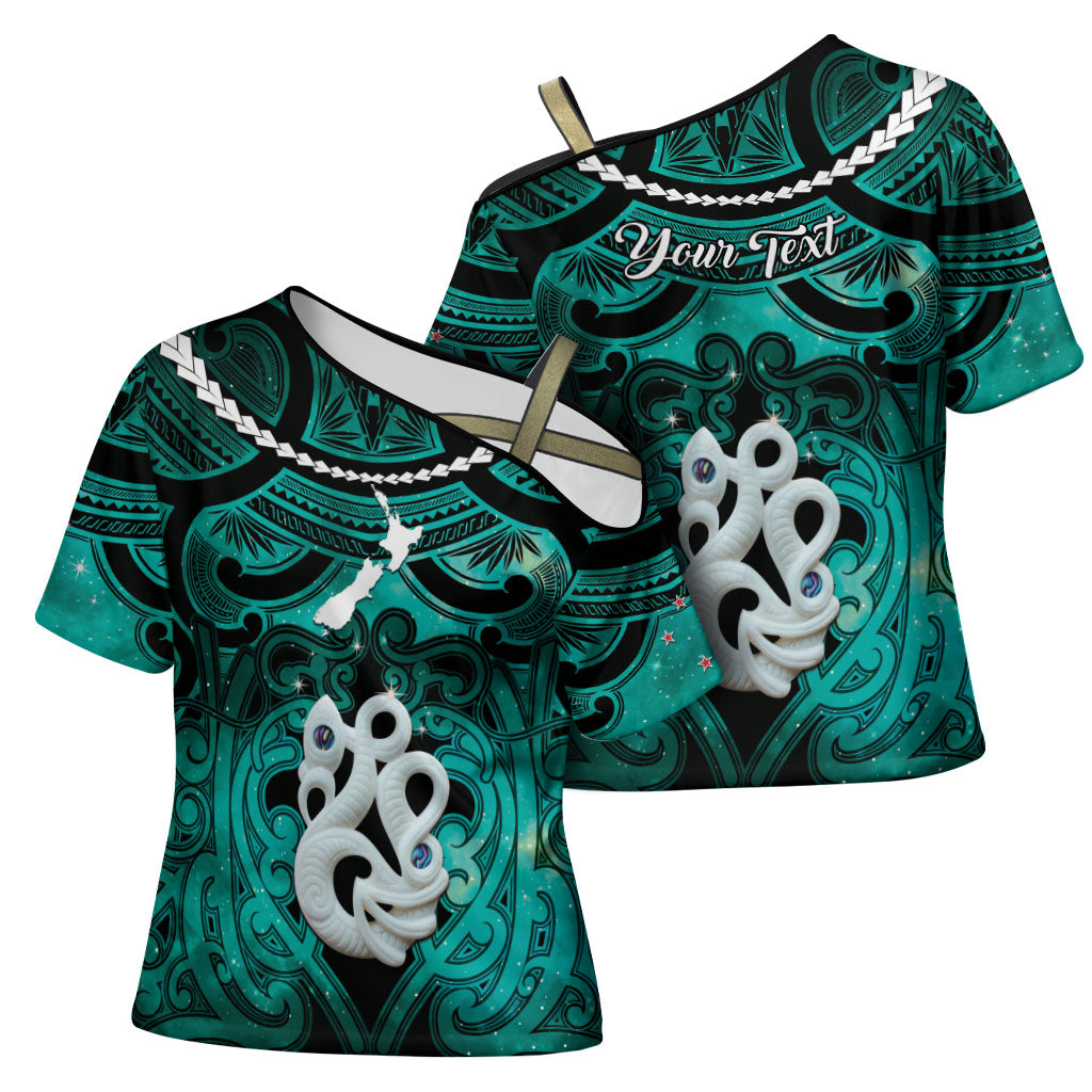 Personalised Maori Matariki Manaia Turquoise Cross Shoulder Shirt Maori Kowhaiwhai Pattern Galaxy