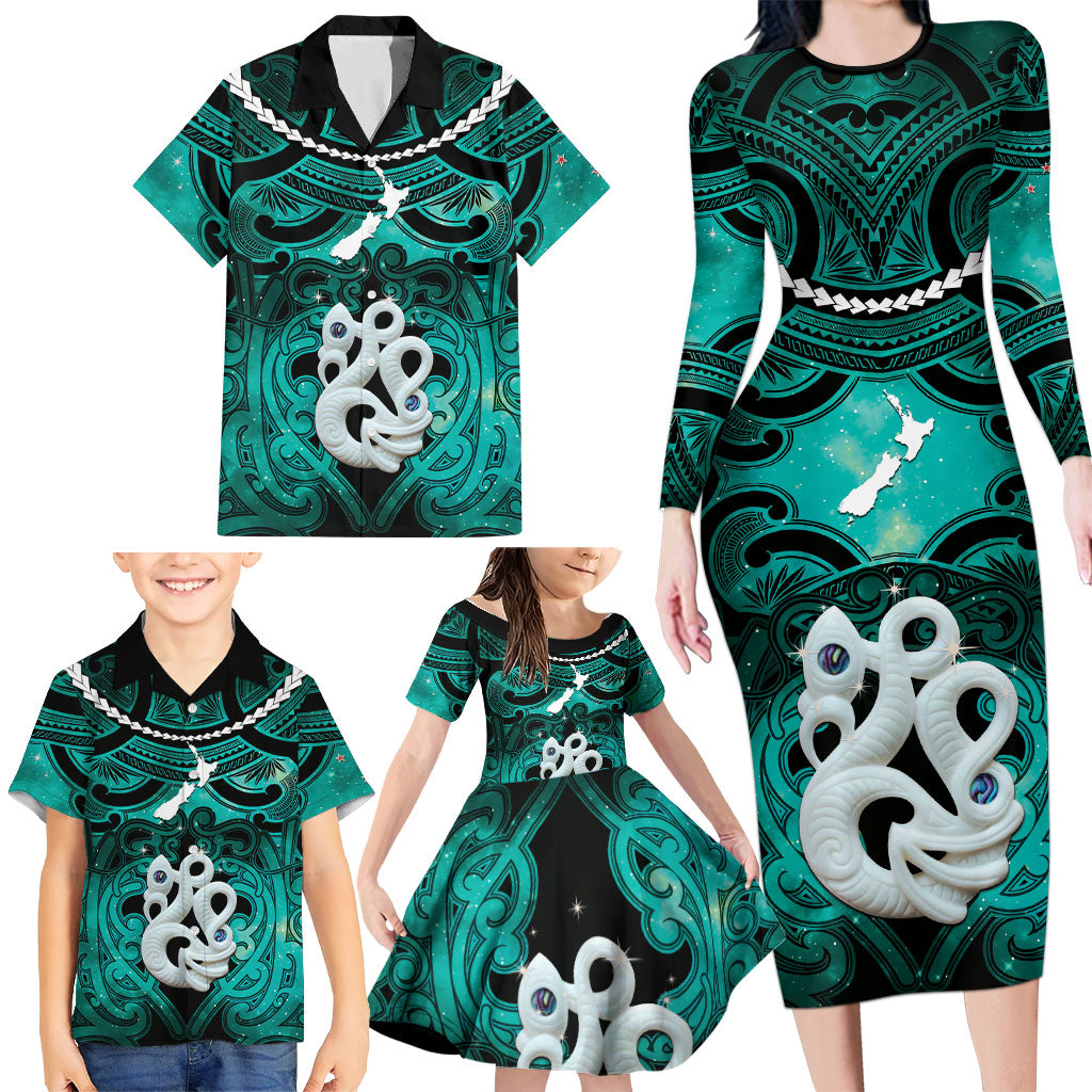 Personalised Maori Matariki Manaia Turquoise Family Matching Long Sleeve Bodycon Dress and Hawaiian Shirt Maori Kowhaiwhai Pattern Galaxy LT01 - Polynesian Pride