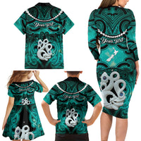Personalised Maori Matariki Manaia Turquoise Family Matching Long Sleeve Bodycon Dress and Hawaiian Shirt Maori Kowhaiwhai Pattern Galaxy LT01 - Polynesian Pride