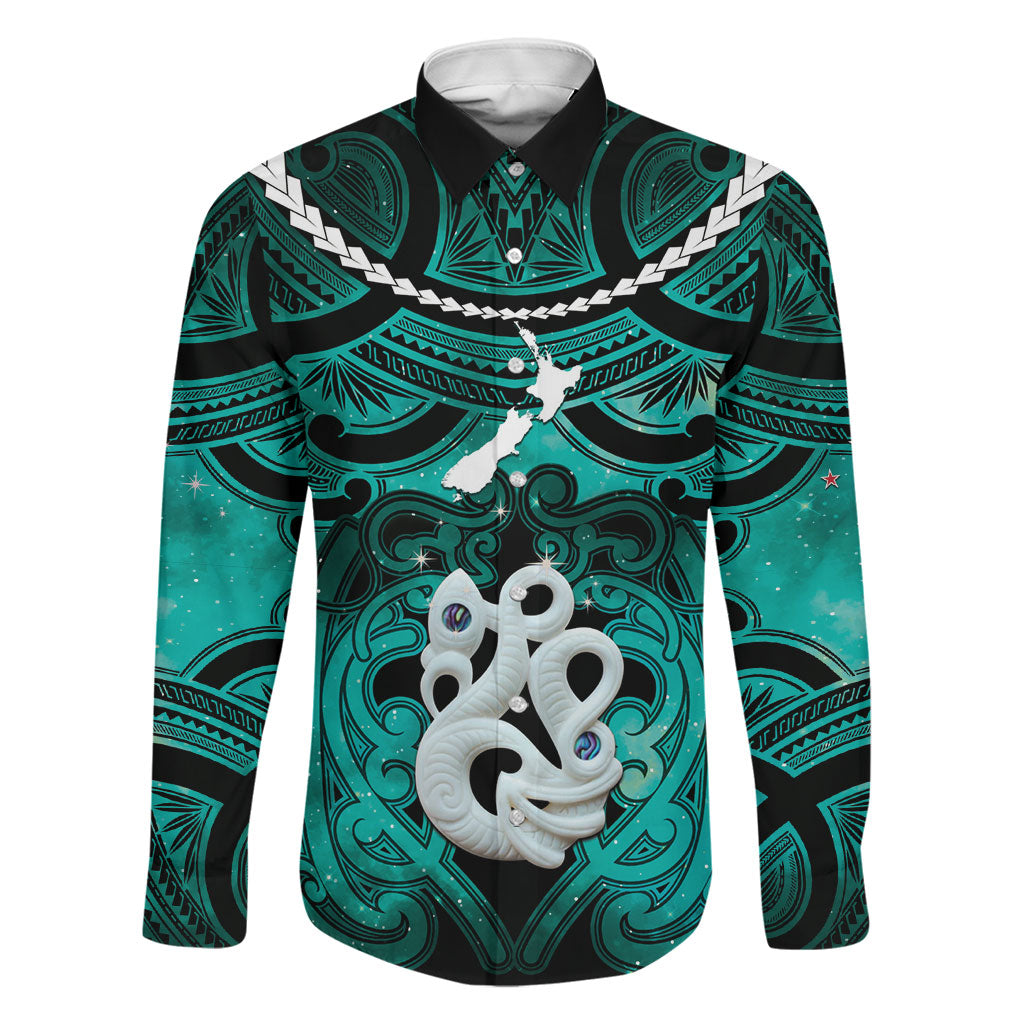 Personalised Maori Matariki Manaia Turquoise Family Matching Long Sleeve Bodycon Dress and Hawaiian Shirt Maori Kowhaiwhai Pattern Galaxy LT01 Dad's Shirt - Long Sleeve Turquoise - Polynesian Pride