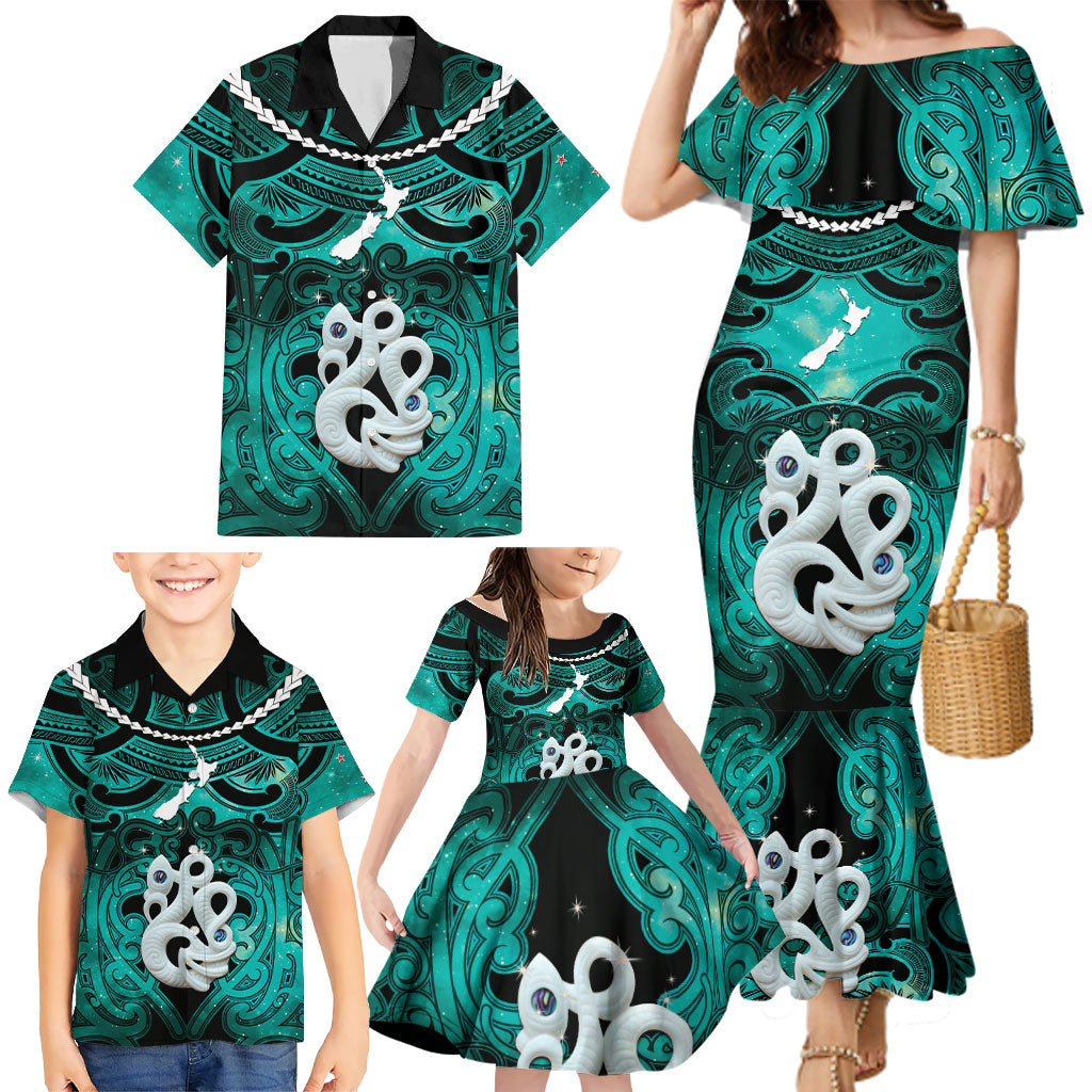 Personalised Maori Matariki Manaia Turquoise Family Matching Mermaid Dress and Hawaiian Shirt Maori Kowhaiwhai Pattern Galaxy LT01 - Polynesian Pride