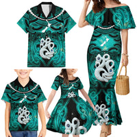 Personalised Maori Matariki Manaia Turquoise Family Matching Mermaid Dress and Hawaiian Shirt Maori Kowhaiwhai Pattern Galaxy LT01 - Polynesian Pride