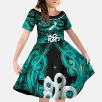 Personalised Maori Matariki Manaia Turquoise Family Matching Off The Shoulder Long Sleeve Dress and Hawaiian Shirt Maori Kowhaiwhai Pattern Galaxy LT01 Daughter's Dress Turquoise - Polynesian Pride