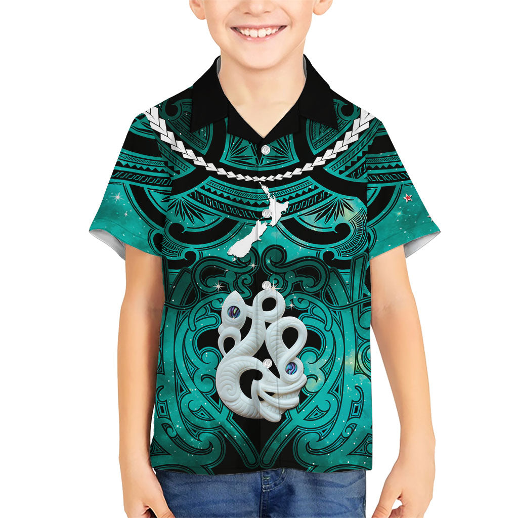 Personalised Maori Matariki Manaia Turquoise Family Matching Off The Shoulder Long Sleeve Dress and Hawaiian Shirt Maori Kowhaiwhai Pattern Galaxy LT01 Son's Shirt Turquoise - Polynesian Pride