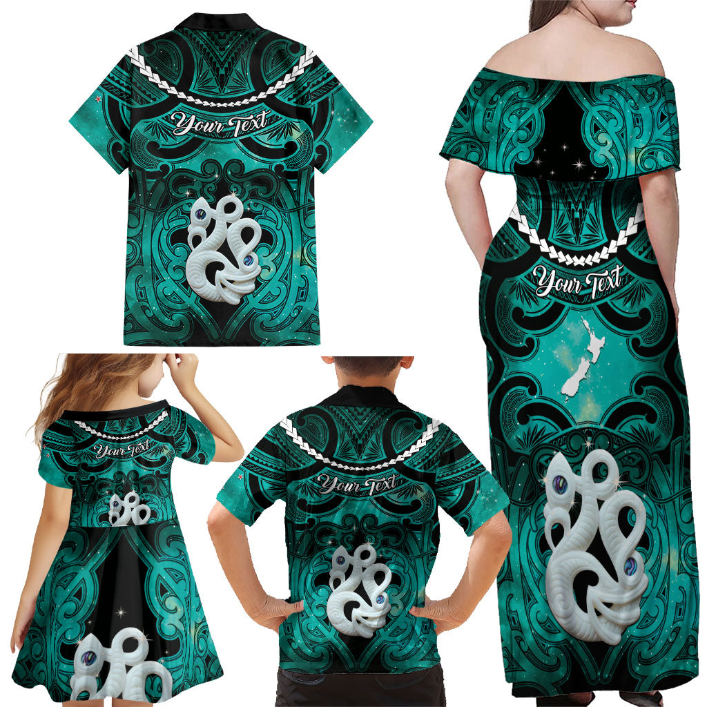 Personalised Maori Matariki Manaia Turquoise Family Matching Off Shoulder Maxi Dress and Hawaiian Shirt Maori Kowhaiwhai Pattern Galaxy LT01 - Polynesian Pride