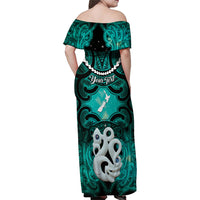 Personalised Maori Matariki Manaia Turquoise Family Matching Off Shoulder Maxi Dress and Hawaiian Shirt Maori Kowhaiwhai Pattern Galaxy LT01 - Polynesian Pride