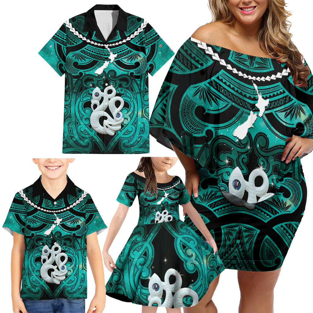 Personalised Maori Matariki Manaia Turquoise Family Matching Off Shoulder Short Dress and Hawaiian Shirt Maori Kowhaiwhai Pattern Galaxy LT01 - Polynesian Pride