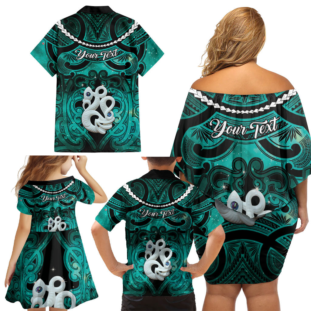 Personalised Maori Matariki Manaia Turquoise Family Matching Off Shoulder Short Dress and Hawaiian Shirt Maori Kowhaiwhai Pattern Galaxy LT01 - Polynesian Pride