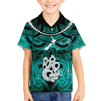 Personalised Maori Matariki Manaia Turquoise Family Matching Short Sleeve Bodycon Dress and Hawaiian Shirt Maori Kowhaiwhai Pattern Galaxy LT01 Son's Shirt Turquoise - Polynesian Pride