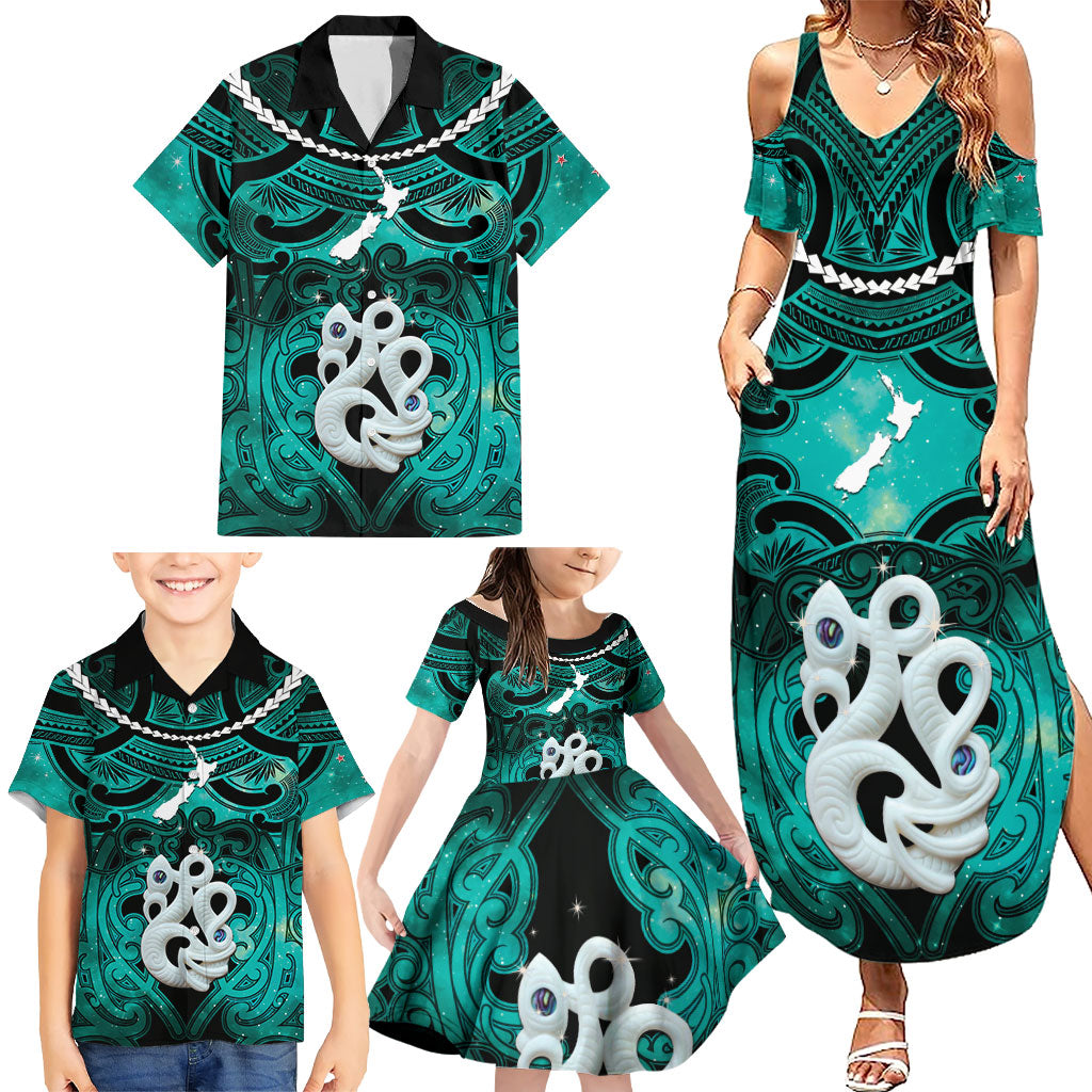 Personalised Maori Matariki Manaia Turquoise Family Matching Summer Maxi Dress and Hawaiian Shirt Maori Kowhaiwhai Pattern Galaxy LT01 - Polynesian Pride