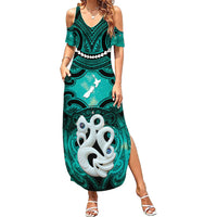 Personalised Maori Matariki Manaia Turquoise Family Matching Summer Maxi Dress and Hawaiian Shirt Maori Kowhaiwhai Pattern Galaxy LT01 Mom's Dress Turquoise - Polynesian Pride