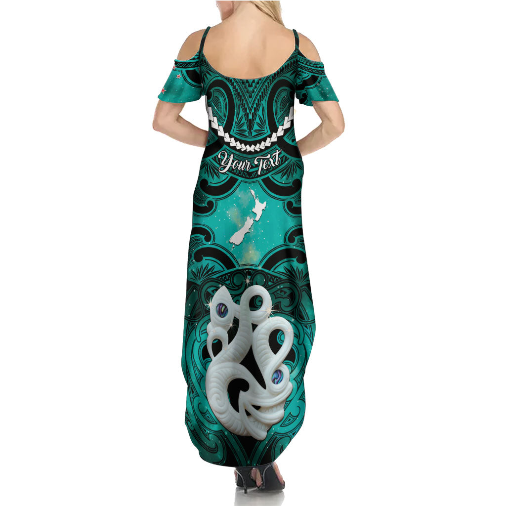 Personalised Maori Matariki Manaia Turquoise Family Matching Summer Maxi Dress and Hawaiian Shirt Maori Kowhaiwhai Pattern Galaxy LT01 - Polynesian Pride