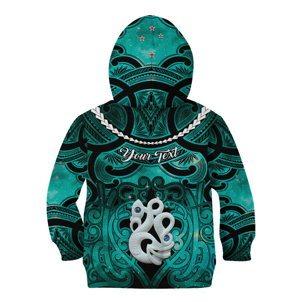 Personalised Maori Matariki Manaia Turquoise Kid Hoodie Maori Kowhaiwhai Pattern Galaxy
