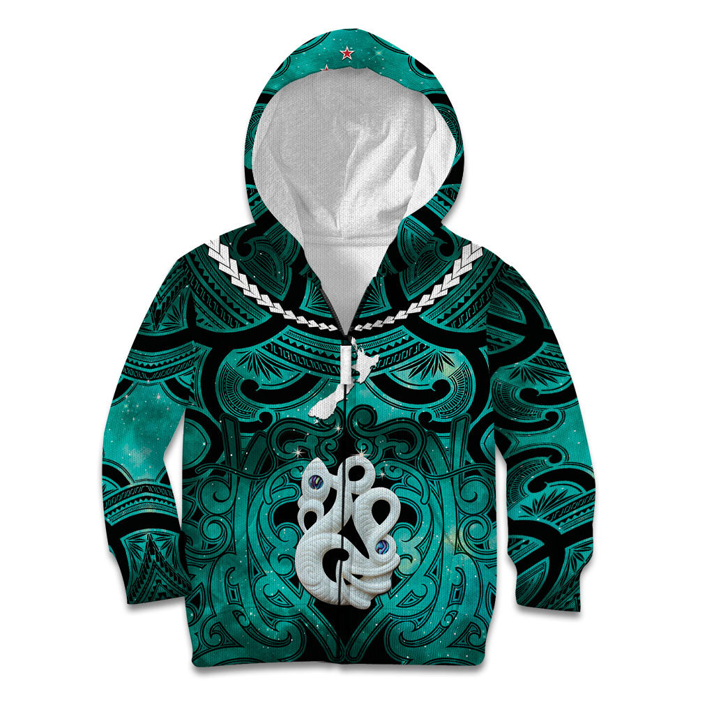Personalised Maori Matariki Manaia Turquoise Kid Hoodie Maori Kowhaiwhai Pattern Galaxy
