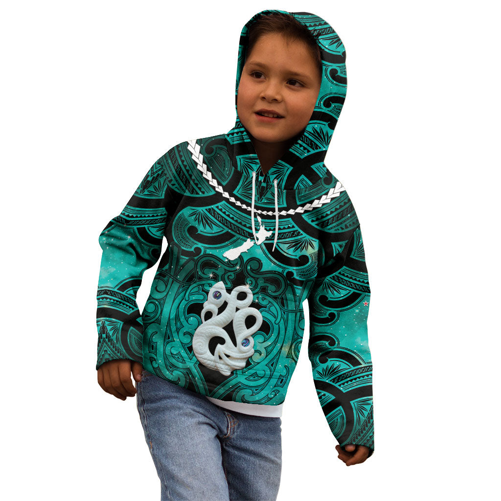 Personalised Maori Matariki Manaia Turquoise Kid Hoodie Maori Kowhaiwhai Pattern Galaxy