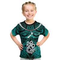 Personalised Maori Matariki Manaia Turquoise Kid T Shirt Maori Kowhaiwhai Pattern Galaxy