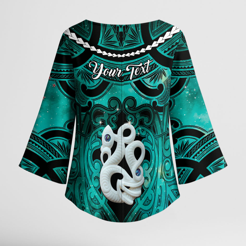 Personalised Maori Matariki Manaia Turquoise Kimono Sleeve Blouse Maori Kowhaiwhai Pattern Galaxy