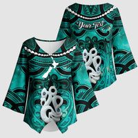 Personalised Maori Matariki Manaia Turquoise Kimono Sleeve Blouse Maori Kowhaiwhai Pattern Galaxy