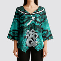 Personalised Maori Matariki Manaia Turquoise Kimono Sleeve Blouse Maori Kowhaiwhai Pattern Galaxy