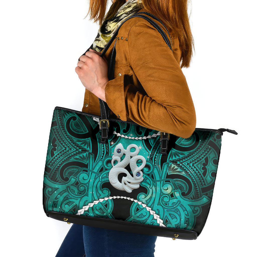Maori Matariki Manaia Turquoise Leather Tote Bag Maori Kowhaiwhai Pattern Galaxy