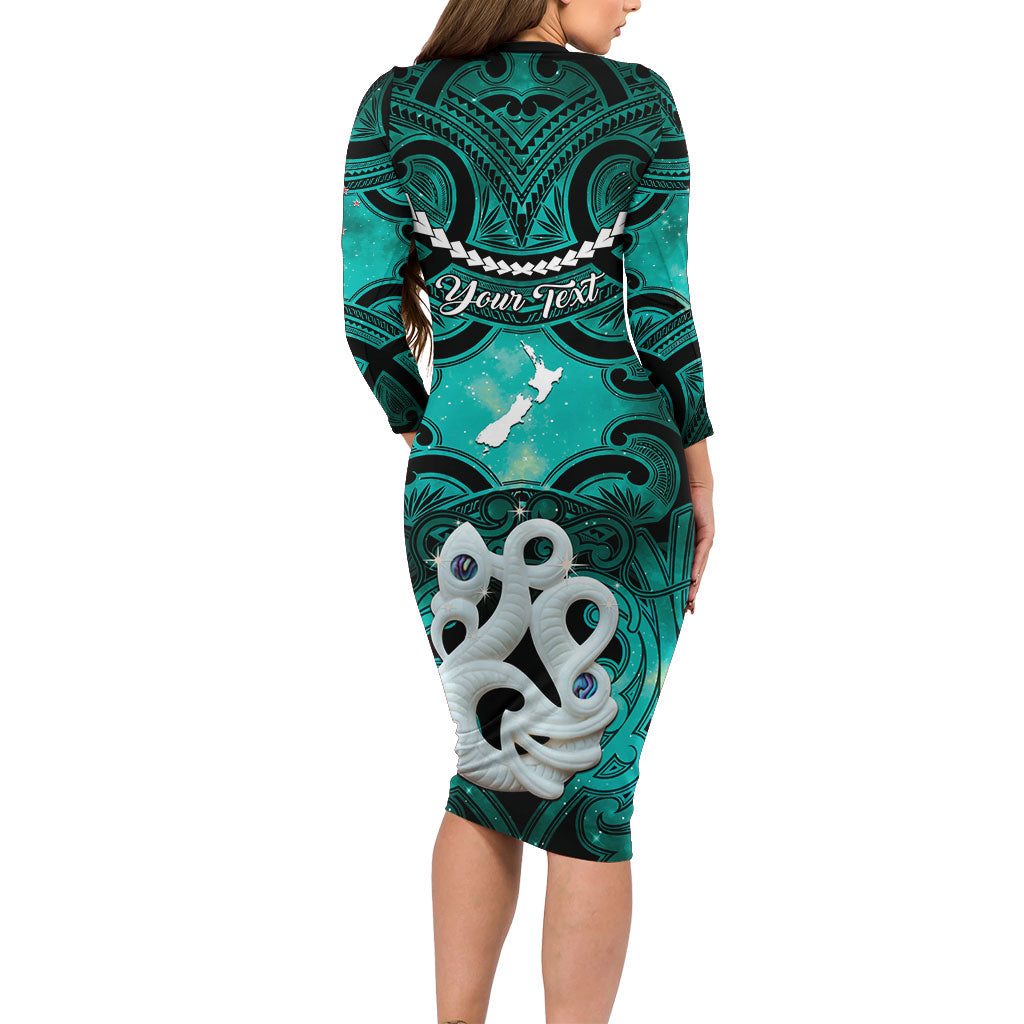 Personalised Maori Matariki Manaia Turquoise Long Sleeve Bodycon Dress Maori Kowhaiwhai Pattern Galaxy