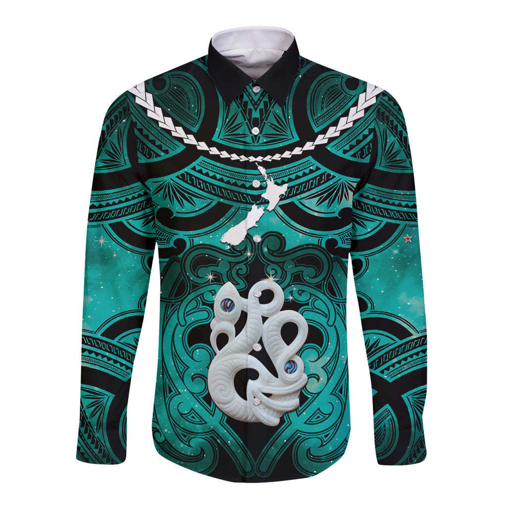 Personalised Maori Matariki Manaia Turquoise Long Sleeve Button Shirt Maori Kowhaiwhai Pattern Galaxy