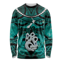 Personalised Maori Matariki Manaia Turquoise Long Sleeve Shirt Maori Kowhaiwhai Pattern Galaxy